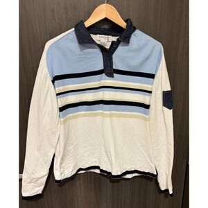 Euro Joy Polo‎ Shirt Women's Large Ivory Blue Striped Silk Long Sleeve Collared